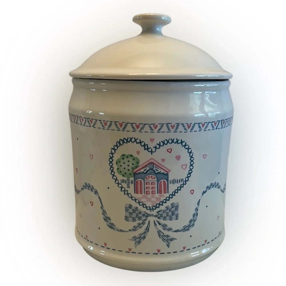 VTG 80s Stoneware White Ceramic Jar w/Heart and House Design Canister Large